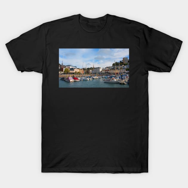 A sunny view across the boats moored in the harbour of the Devonshire seaside town of Torquay. T-Shirt by Graz-Photos